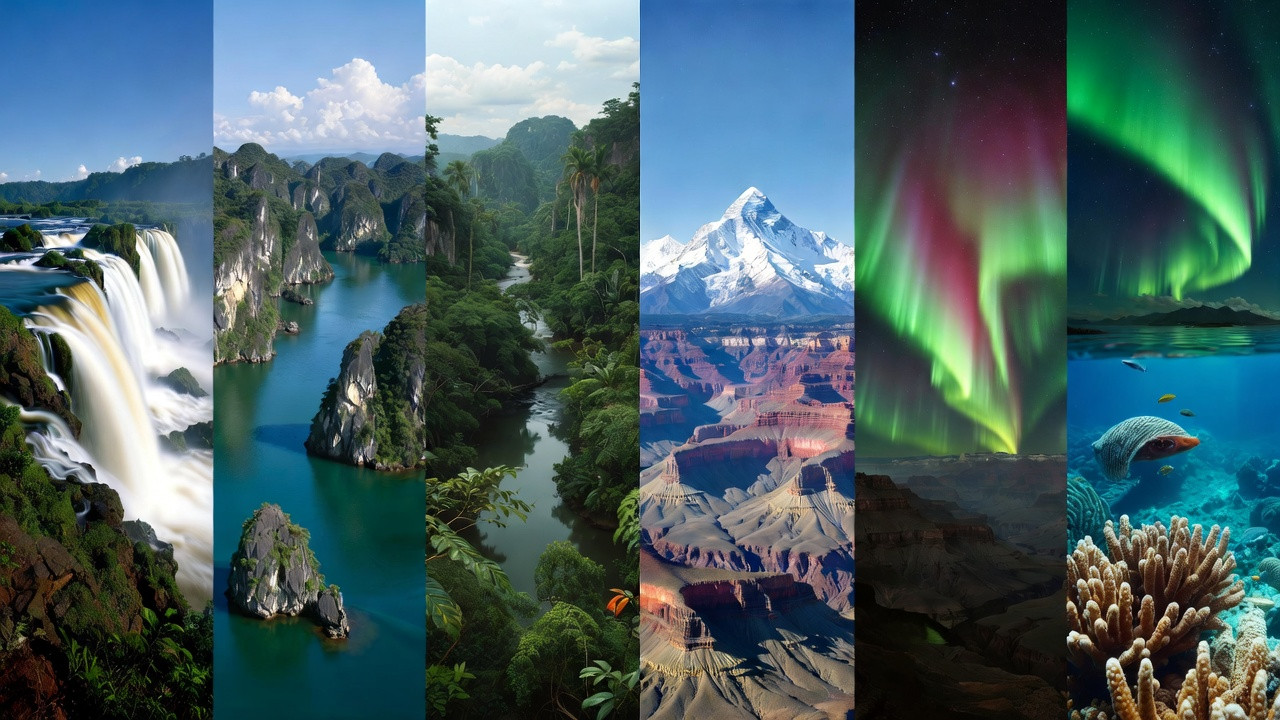 Illustration des 7 merveilles de la nature à travers des paysages emblématiques du monde.