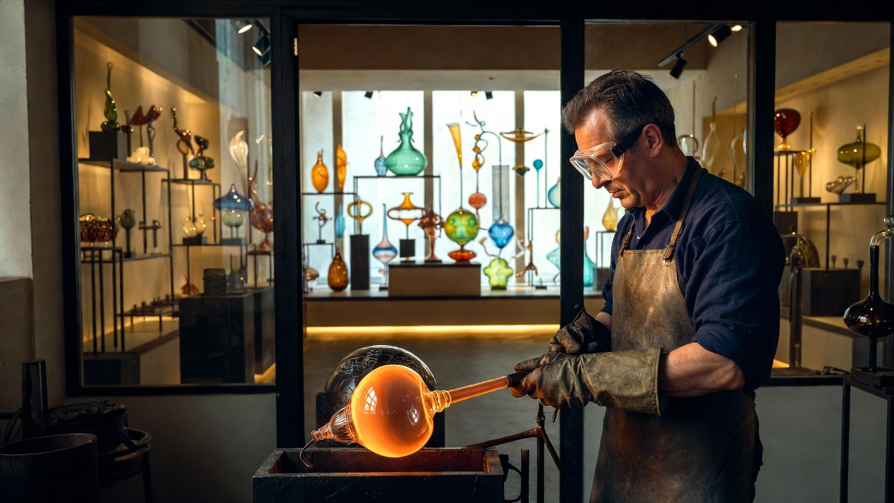 Démonstration de soufflage de verre à Murano avec un maître verrier et vue du musée du verre présentant des œuvres artisanales.
