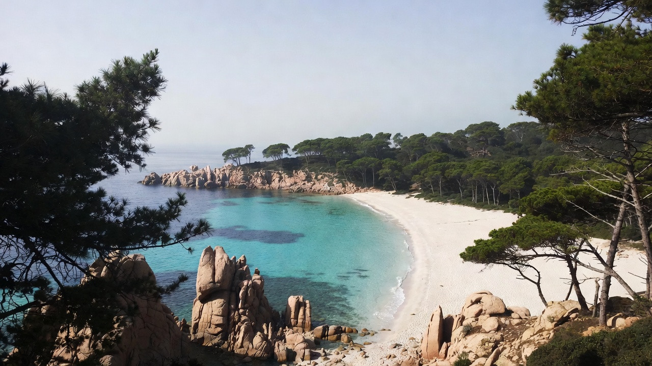 Plage de Palombaggia en Corse avec sable blanc, mer turquoise et pins parasols, illustrant l’accès et les activités.