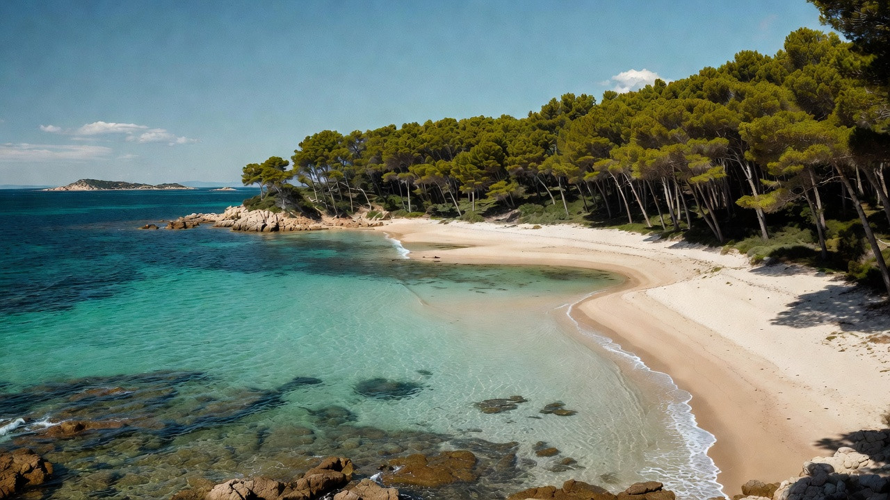 Vue de la plage de Pinarellu en Corse-du-Sud avec eau turquoise, pinède et îlots rocheux.