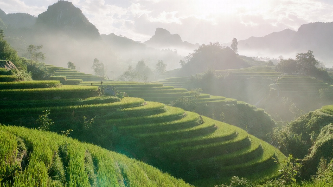 Rizières en terrasses au Vietnam sous un ciel clair, illustrant les meilleures périodes pour voyager selon le climat