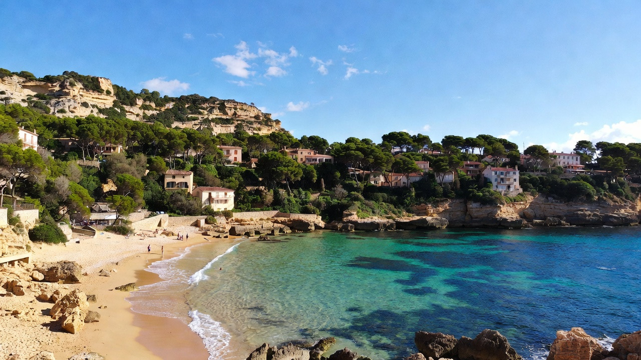 Vue de Saint-Cyr-sur-Mer avec la plage des Lecques et la calanque de Port d’Alon, entre sable fin et paysages méditerranéens