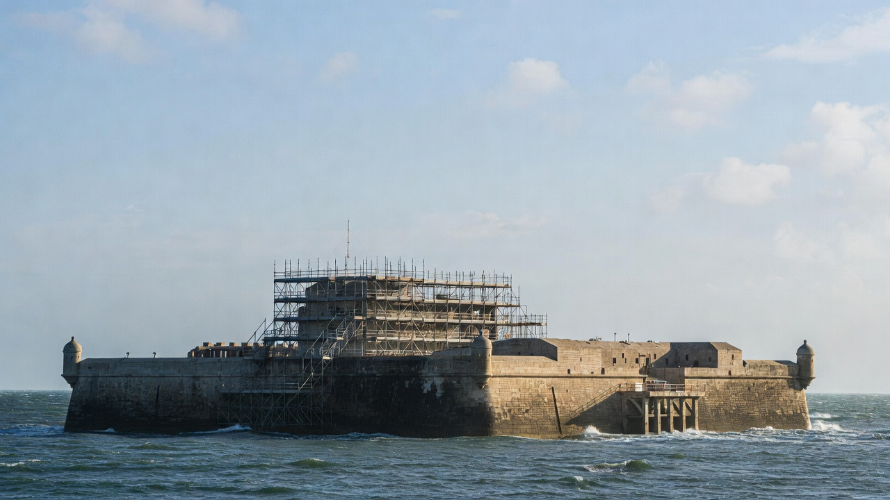 Fort Boyard en cours de restauration, symbole d’un futur projet de visite grâce au grand chantier 2025–2028.
