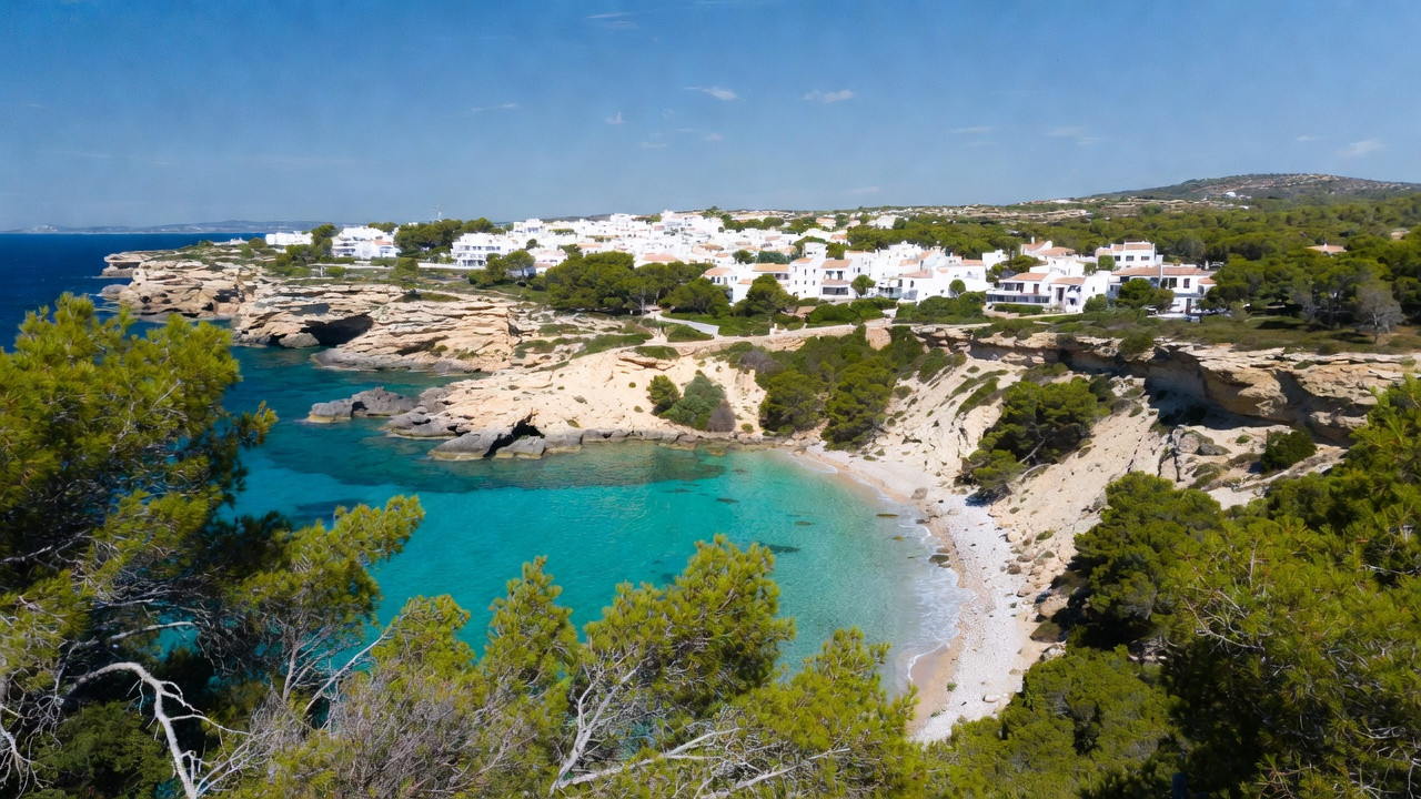 Crique aux eaux turquoise à Minorque avec falaises et pinèdes, idéale pour organiser un séjour entre plages et randonnées.