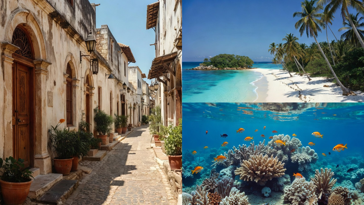 Illustration des incontournables de Zanzibar avec Stone Town, plages paradisiaques, îles et plongée sous-marine.