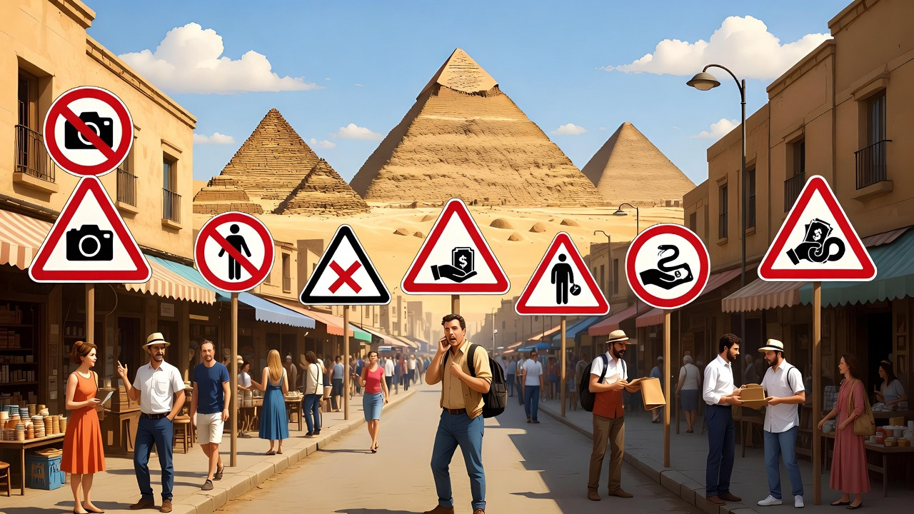 Illustration présentant les principales arnaques et dangers à éviter lors d’un voyage en Égypte.