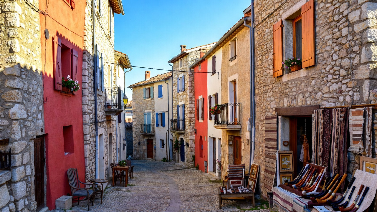 Vue du village médiéval de Cogolin avec ses ruelles et son artisanat traditionnel de pipes et de tapis.