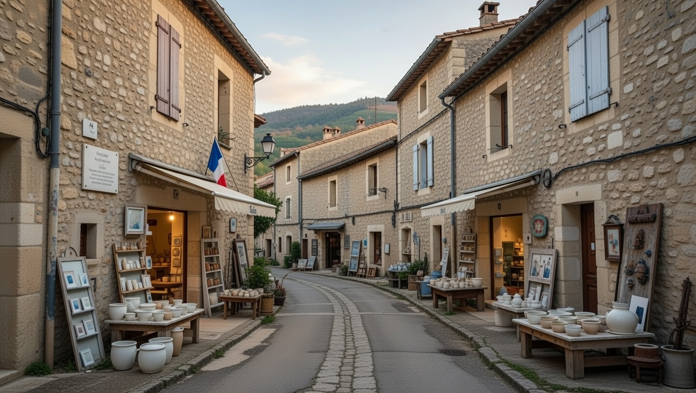 Village de Dieulefit dans la Drôme avec ses ruelles de la Viale, son artisanat de poterie et son héritage lié à la Résistance.