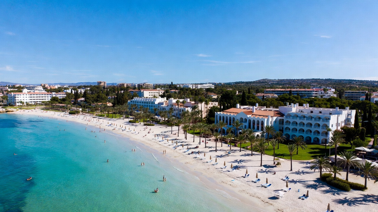 Plage de sable à Hammamet en Tunisie avec des hôtels tout inclus en bord de mer, destination touristique balnéaire.