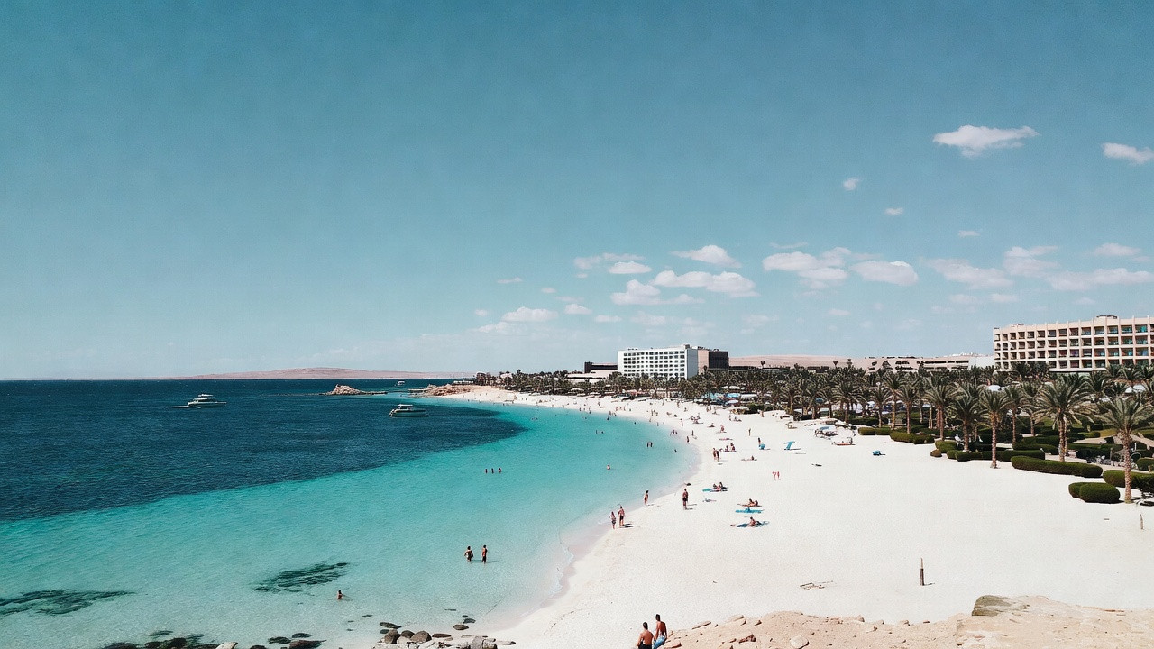 Plage de Hurghada sur la mer Rouge avec sable blanc, palmiers et bateaux, idéale pour vacances et tourisme.
