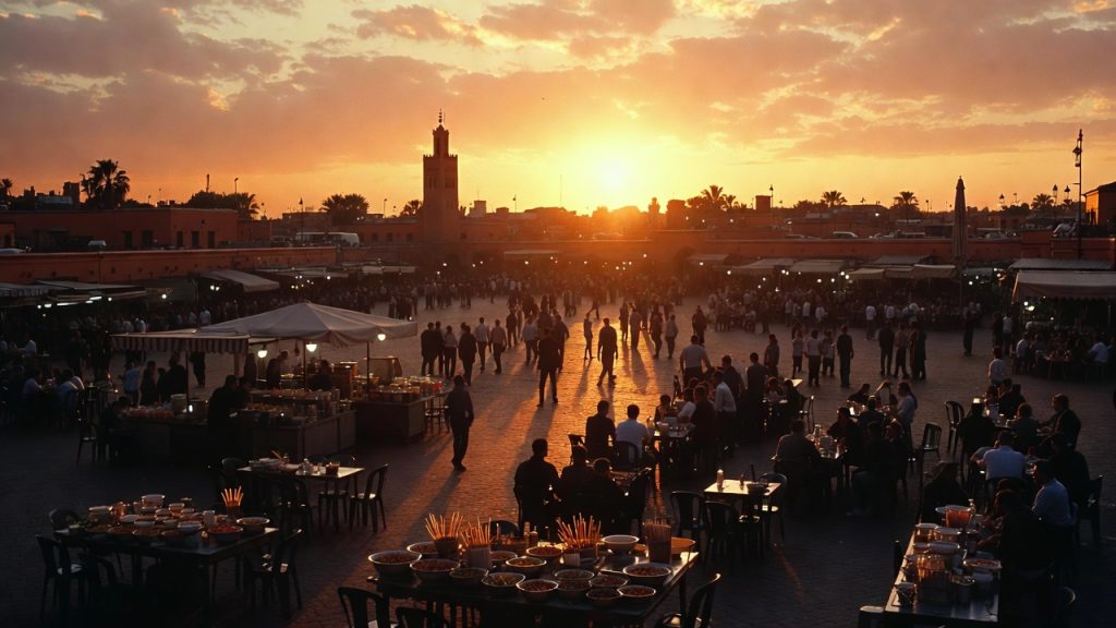 Place Jemaa el-Fna le soir à Marrakech avec ambiance animée