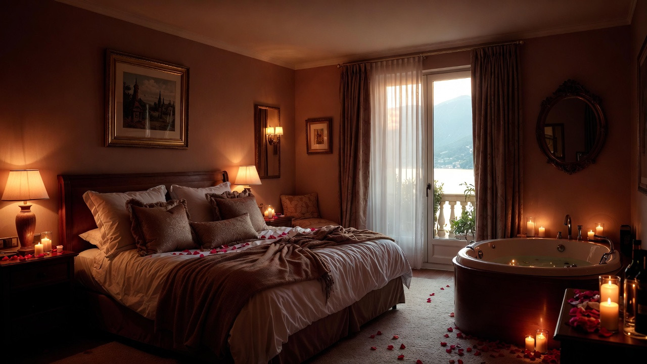 Chambre romantique de type love room à Annecy avec jacuzzi privé, décorée pour un séjour en couple.