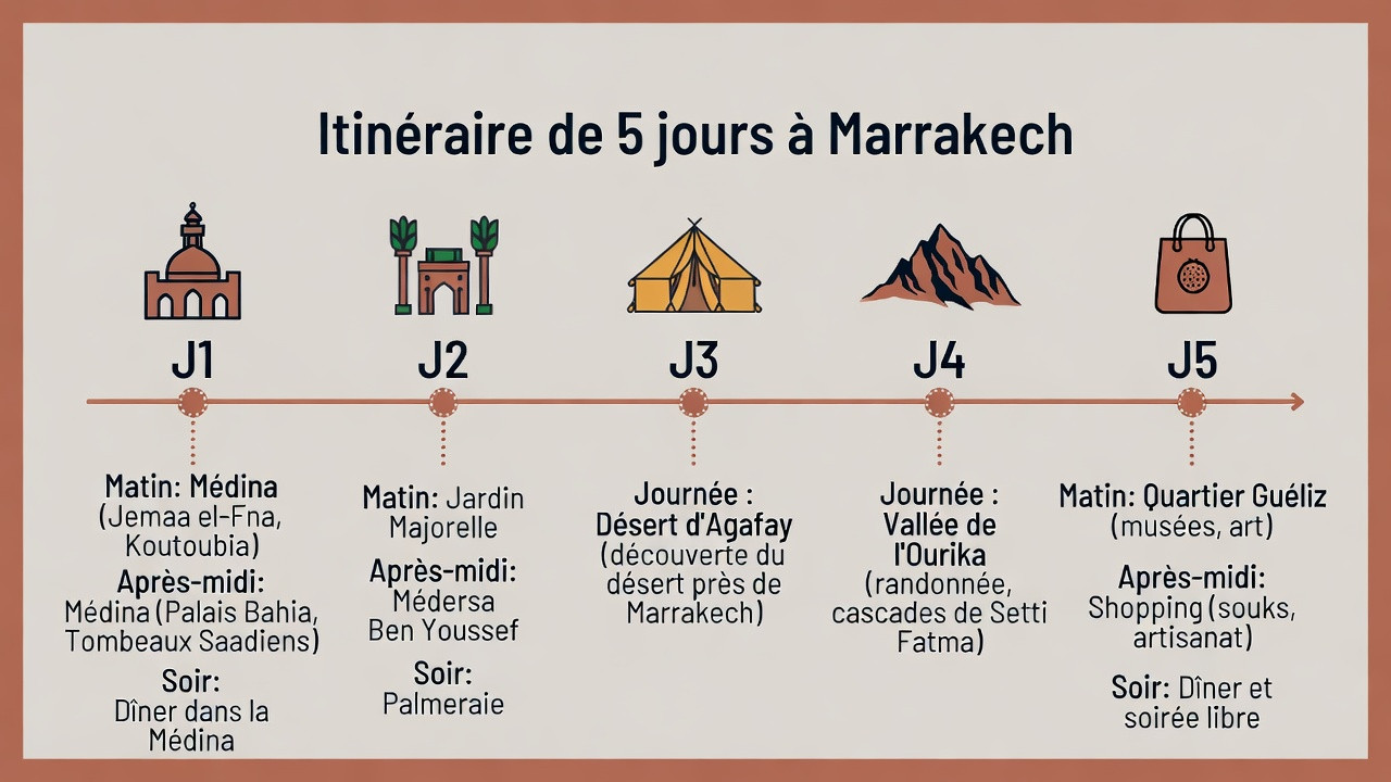Carte de l’itinéraire Marrakech 5 jours avec médina, Agafay et vallée de l’Ourika