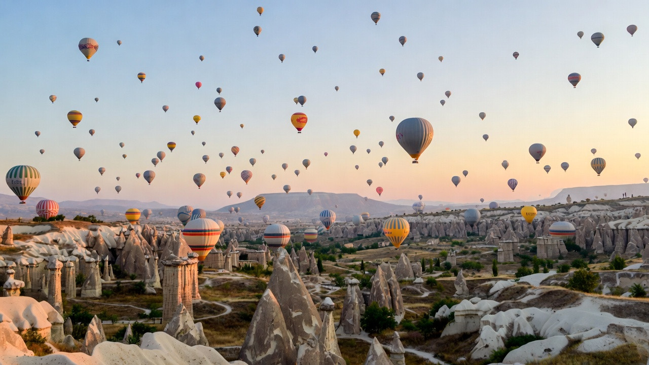 Montgolfières survolant la Cappadoce en Turquie au lever du soleil, paysage emblématique et touristique en 2026.