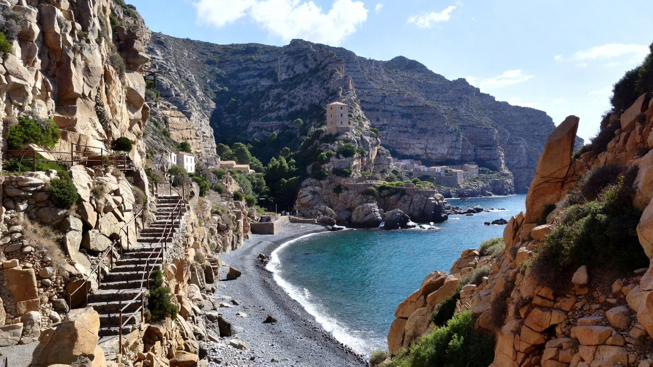 Village de Nonza au Cap Corse avec la plage des 500 marches en contrebas et la tour Paoline dominant les falaises.