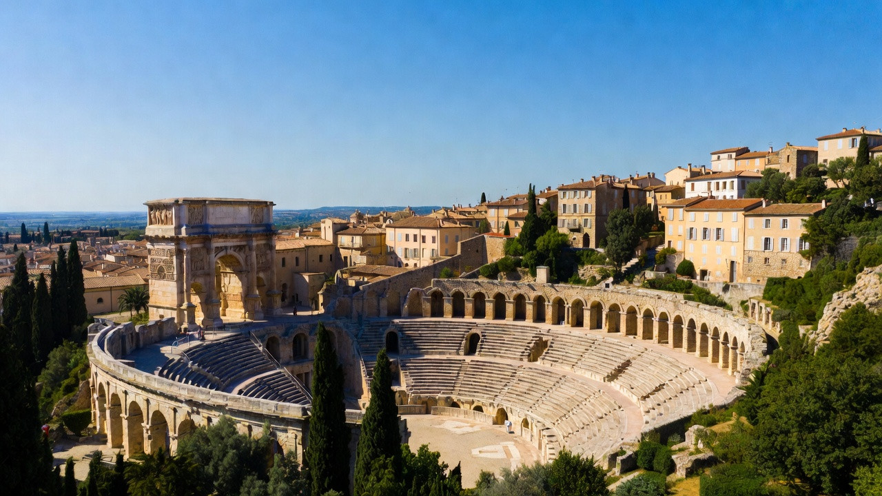 Théâtre Antique d’Orange classé UNESCO avec l’Arc de Triomphe, symboles culturels et historiques de la ville d’Orange dans le Vaucluse.
