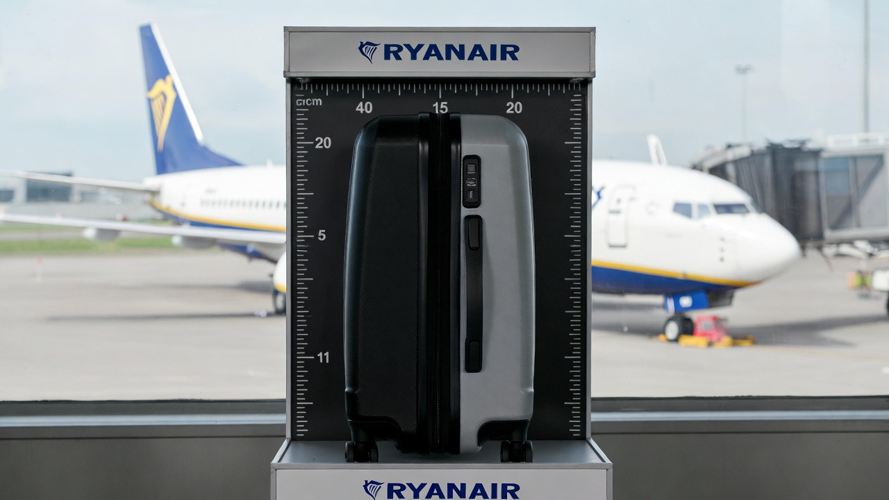 Valise cabine mesurée dans le gabarit Ryanair montrant la taille exacte autorisée